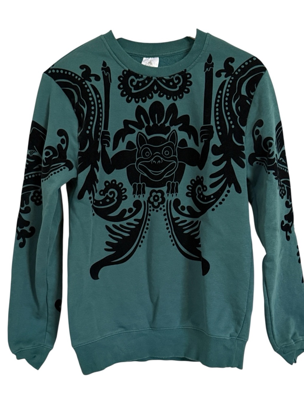 Disney Parks Haunted Mansion Gargoyle Flocked Graphic Sweatshirt Teal Black XS